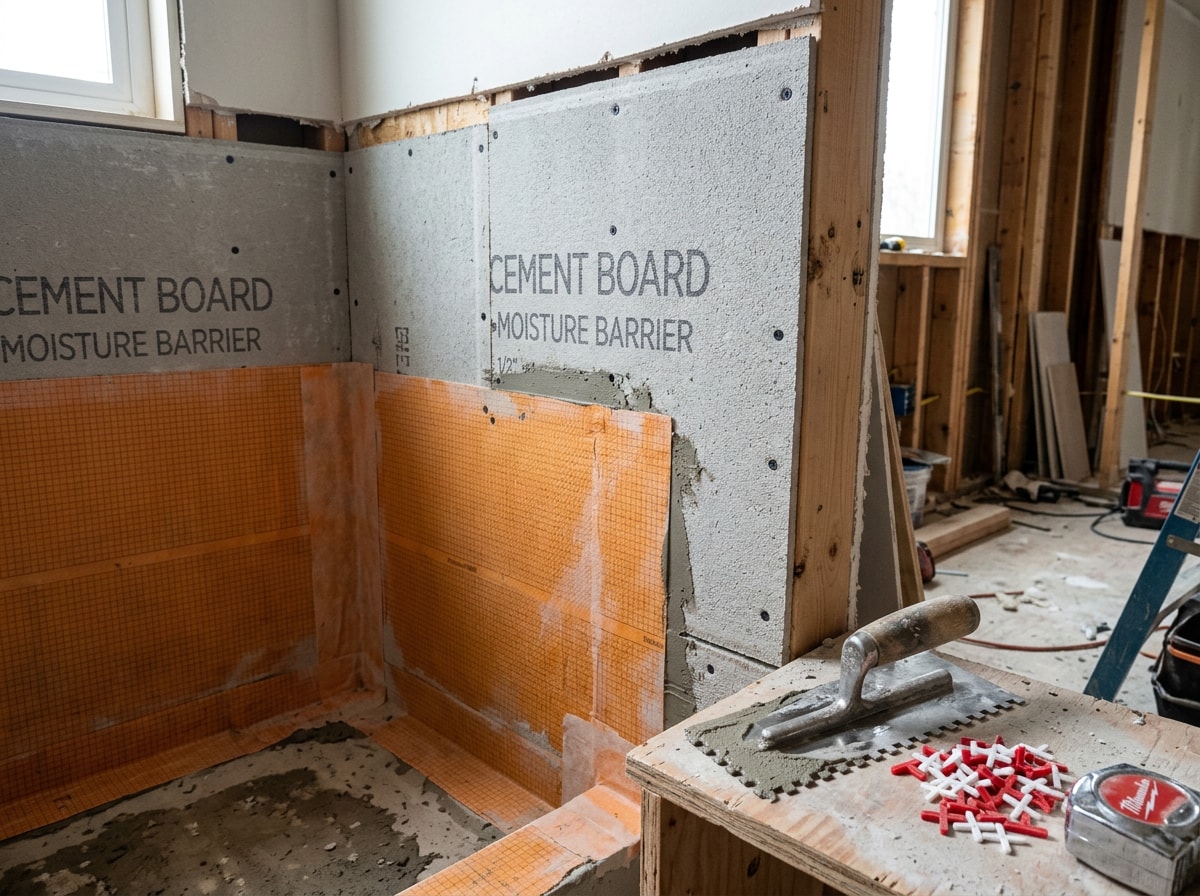 Close-up of waterproofing membrane and moisture-rated backer board being installed behind shower tile