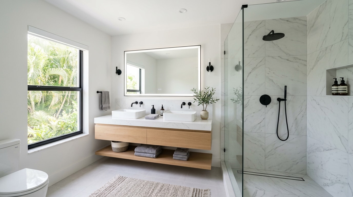 Finished modern bathroom remodel in Doral, FL with frameless glass shower and floating vanity Finished modern bathroom remodel in Doral, FL with frameless glass shower and floating vanity