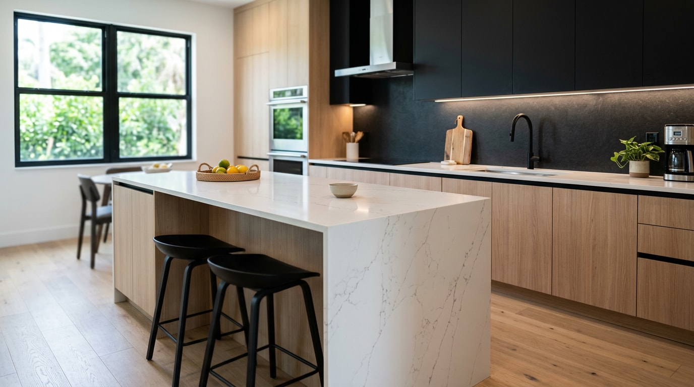 Finished porcelain slab kitchen countertop installation in a modern Pembroke Pines, FL home