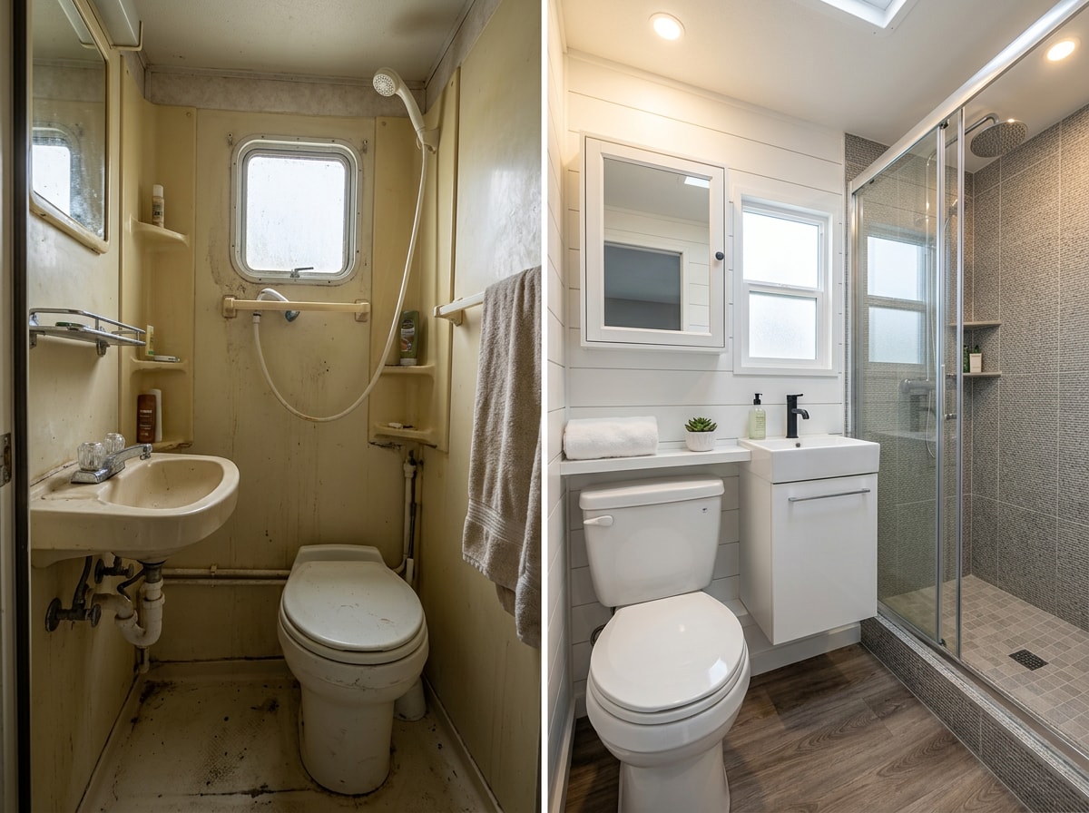 Before and after RV bathroom remodel showing new shower conversion and vanity