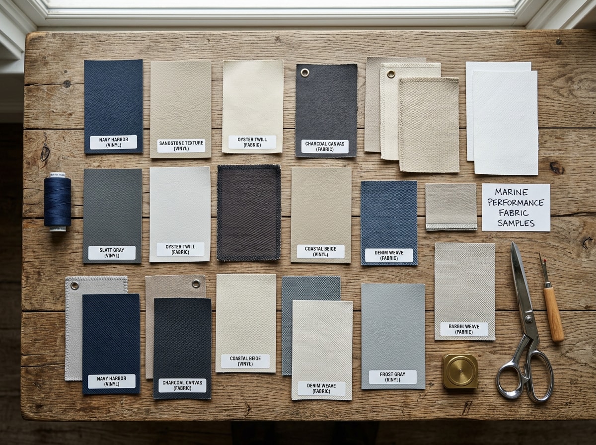 Marine-grade vinyl and interior fabric swatches for RV upholstery