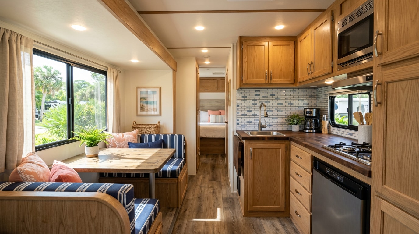 Remodeled RV kitchen and living area with marine-grade cabinetry and moisture-resistant flooring Remodeled RV kitchen and living area with marine-grade cabinetry and moisture-resistant flooring