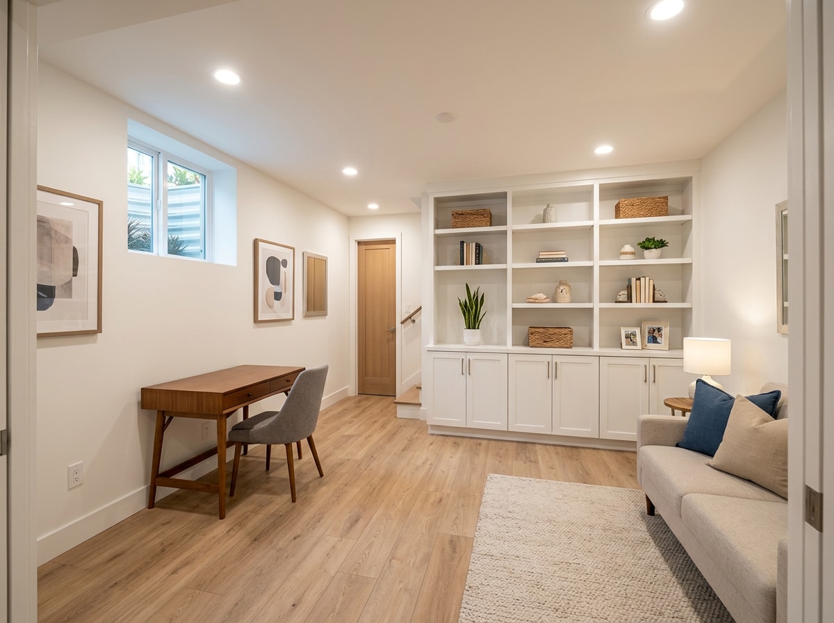 Small finished below-grade flex room in a Doral, FL home with waterproof flooring