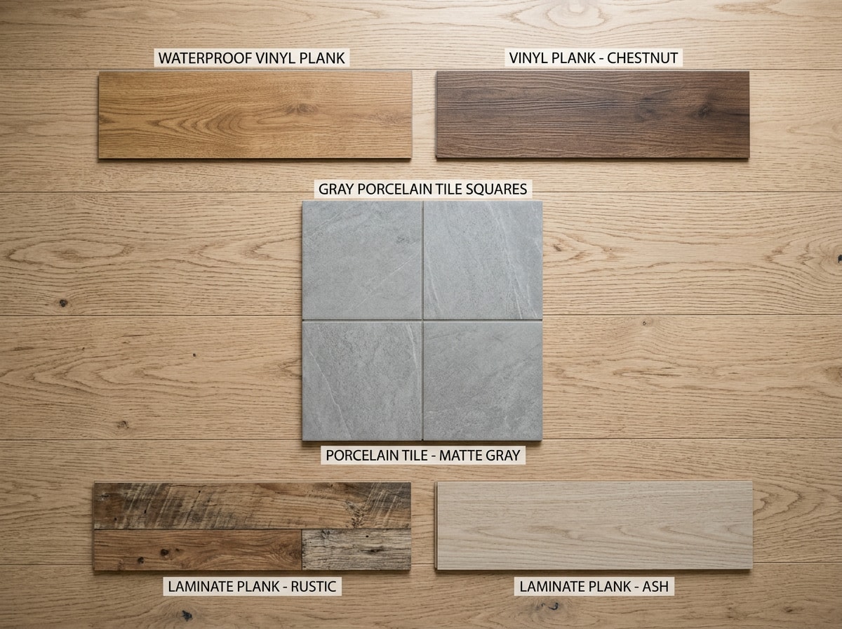 Flat-lay of waterproof vinyl, porcelain tile, and laminate flooring samples for a basement-style space