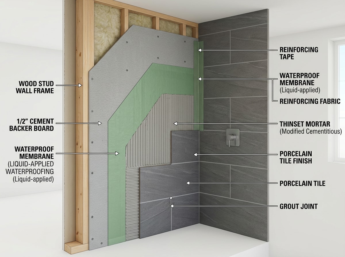 Diagram showing waterproofing membrane layers behind bathroom shower tile