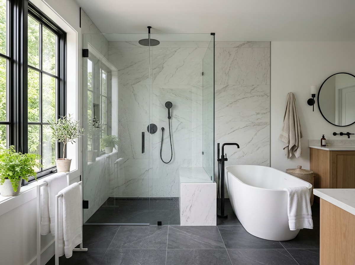 Finished walk-in shower with frameless glass and freestanding tub nearby