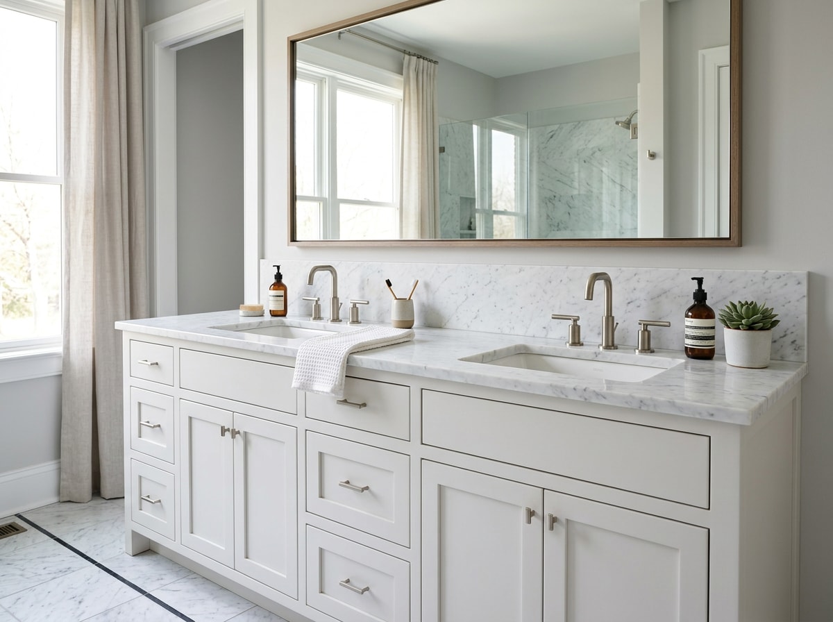 Custom bathroom vanity with marble countertop and dual sinks