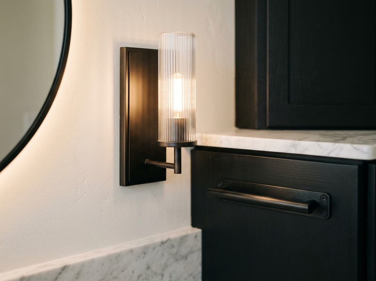Close-up of bathroom lighting fixture and matte black hardware detail