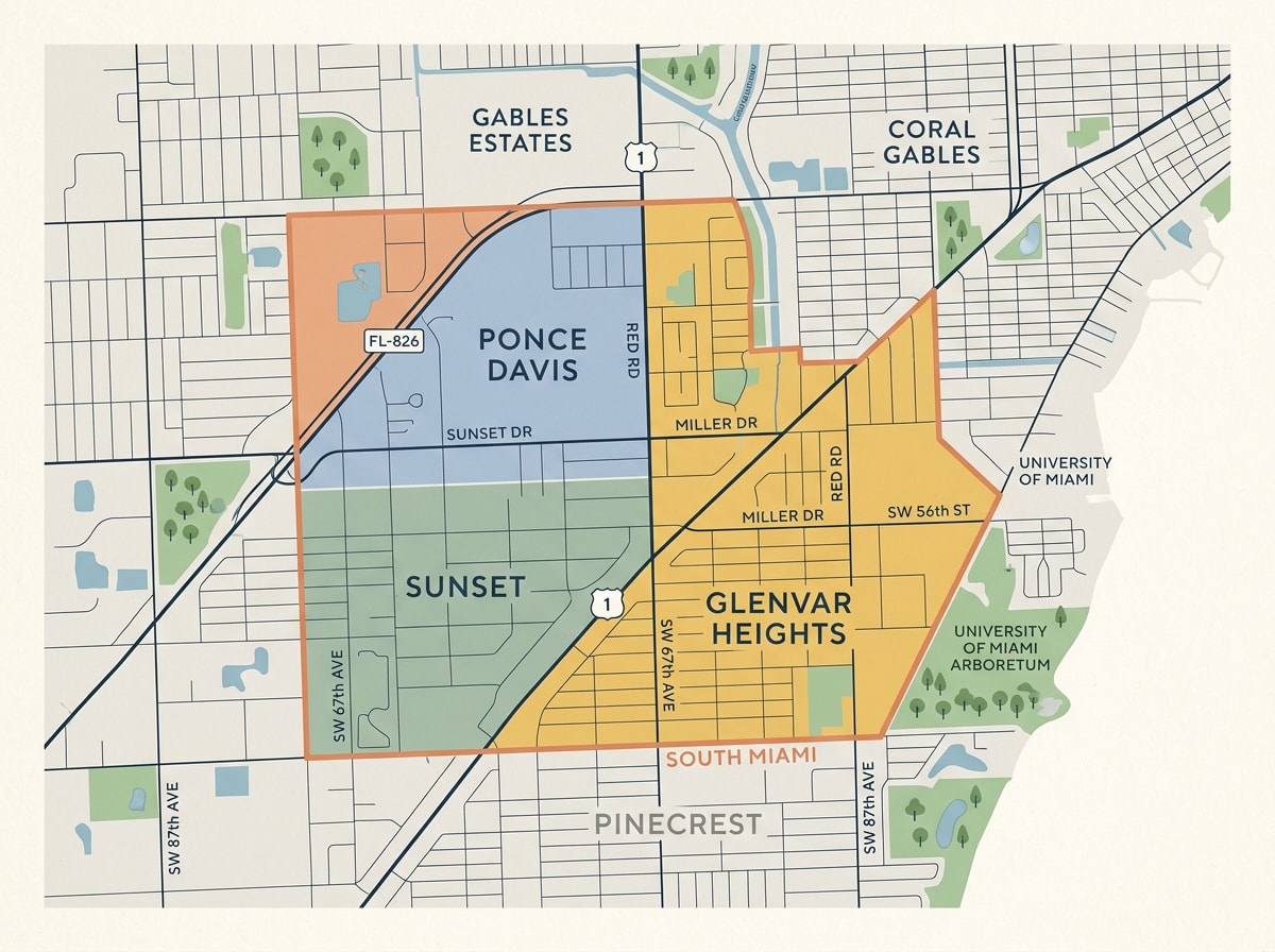 Simple map graphic highlighting South Miami neighborhoods and service area
