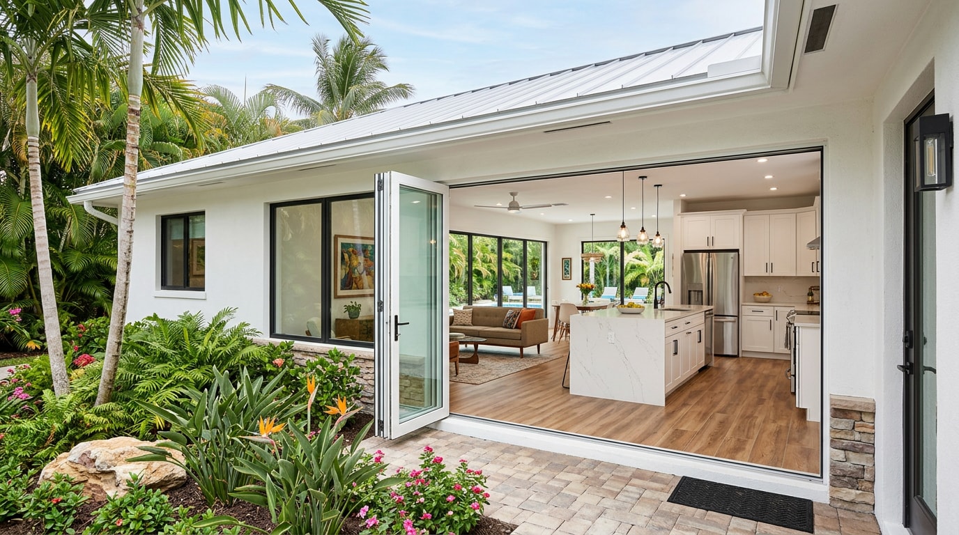 Renovated South Miami home exterior and open kitchen interior Renovated South Miami home exterior and open kitchen interior