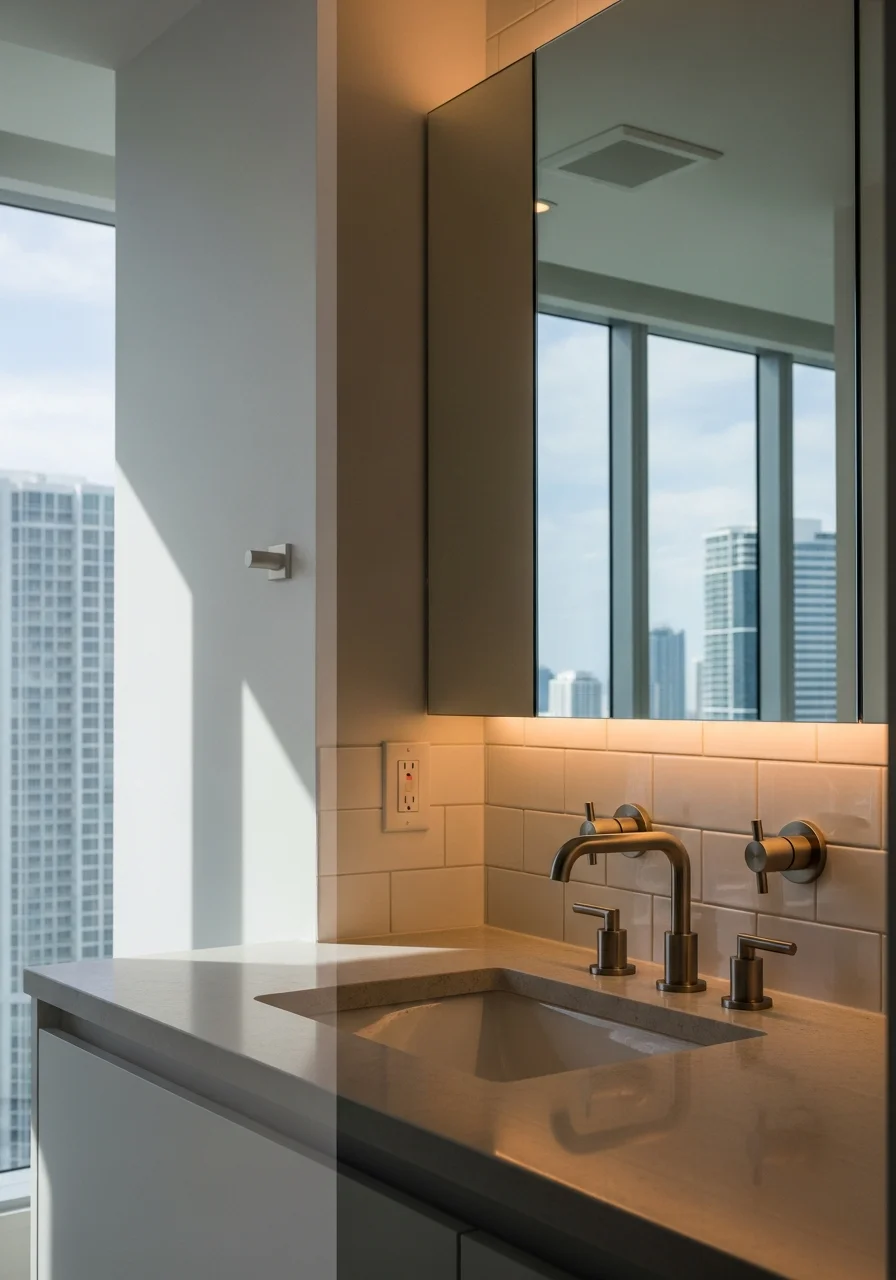 Contemporary bathroom vanity installation with designer fixtures in a Brickell residential tower