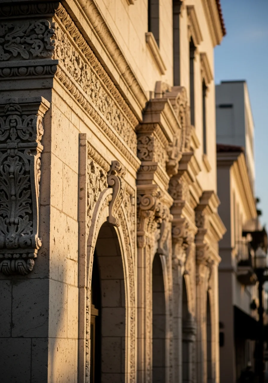 Close-up of ornate architectural details on a Coral Gables historic property, showing period stonework and design elements.