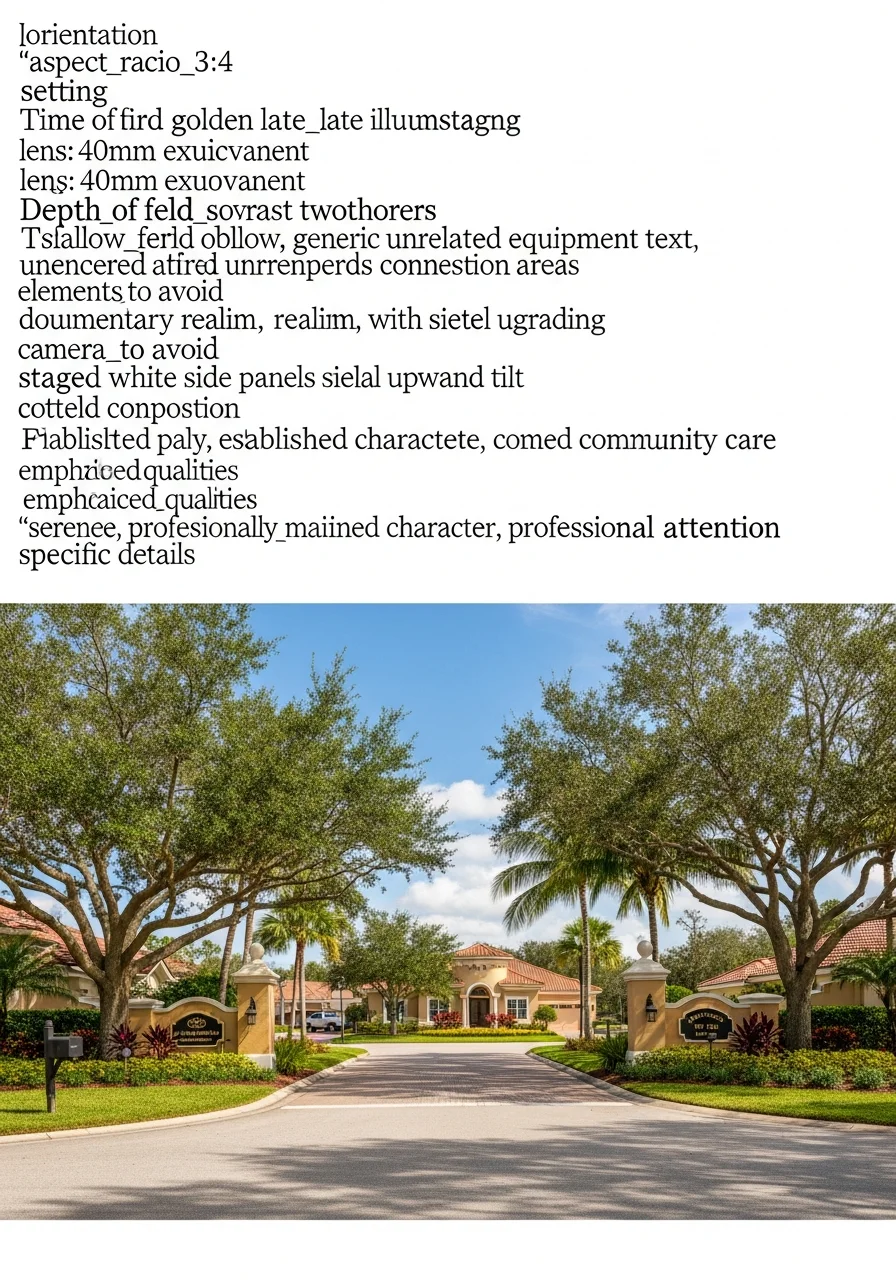 Doral neighborhood entrance with community signage, tree-lined street, and residential properties in background.