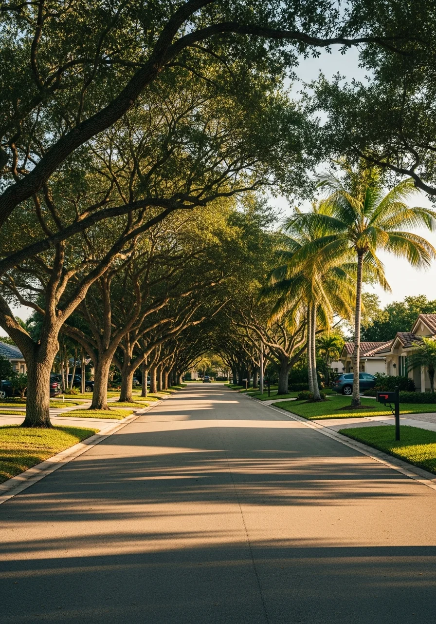Kendall neighborhood street view showing mature trees, residential properties, and family-oriented community setting.