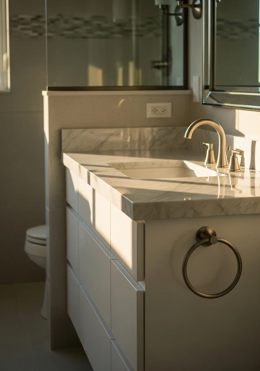 Luxury bathroom renovation featuring marble tile, custom vanity, and contemporary fixtures