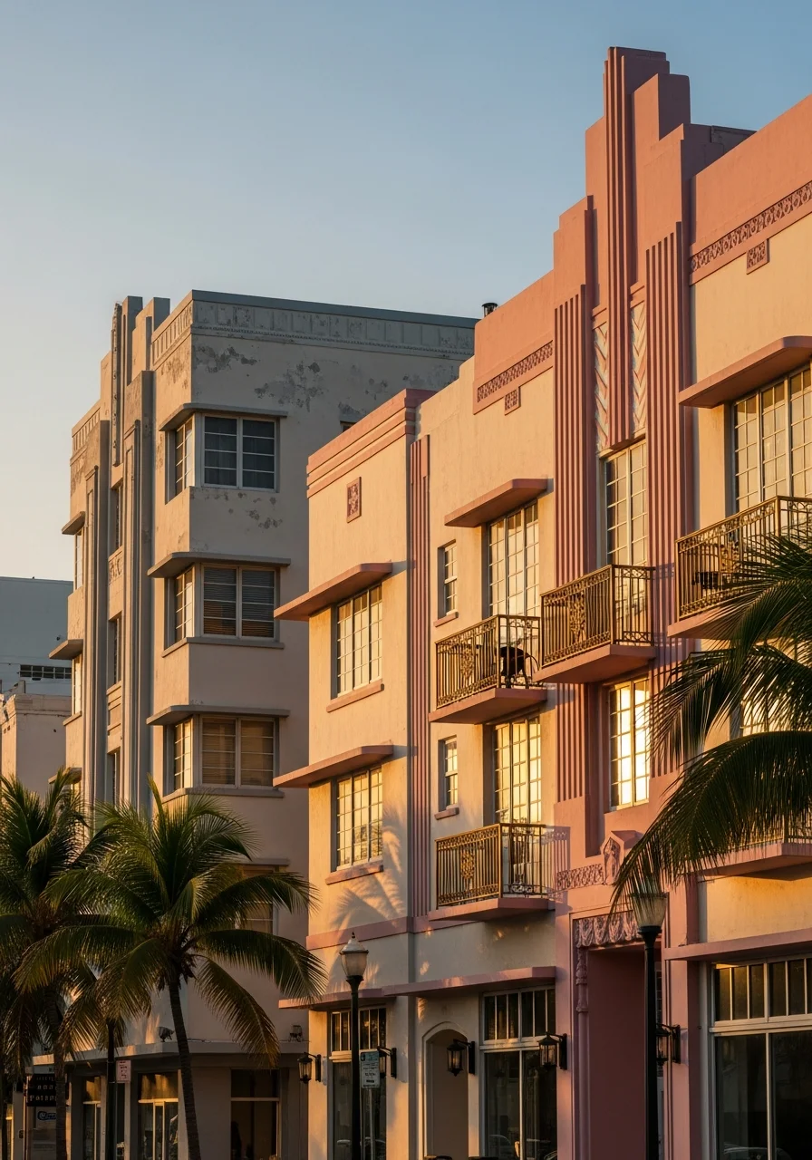 Art Deco historic building facade in Miami Beach with pastel-colored exterior and period architectural details.