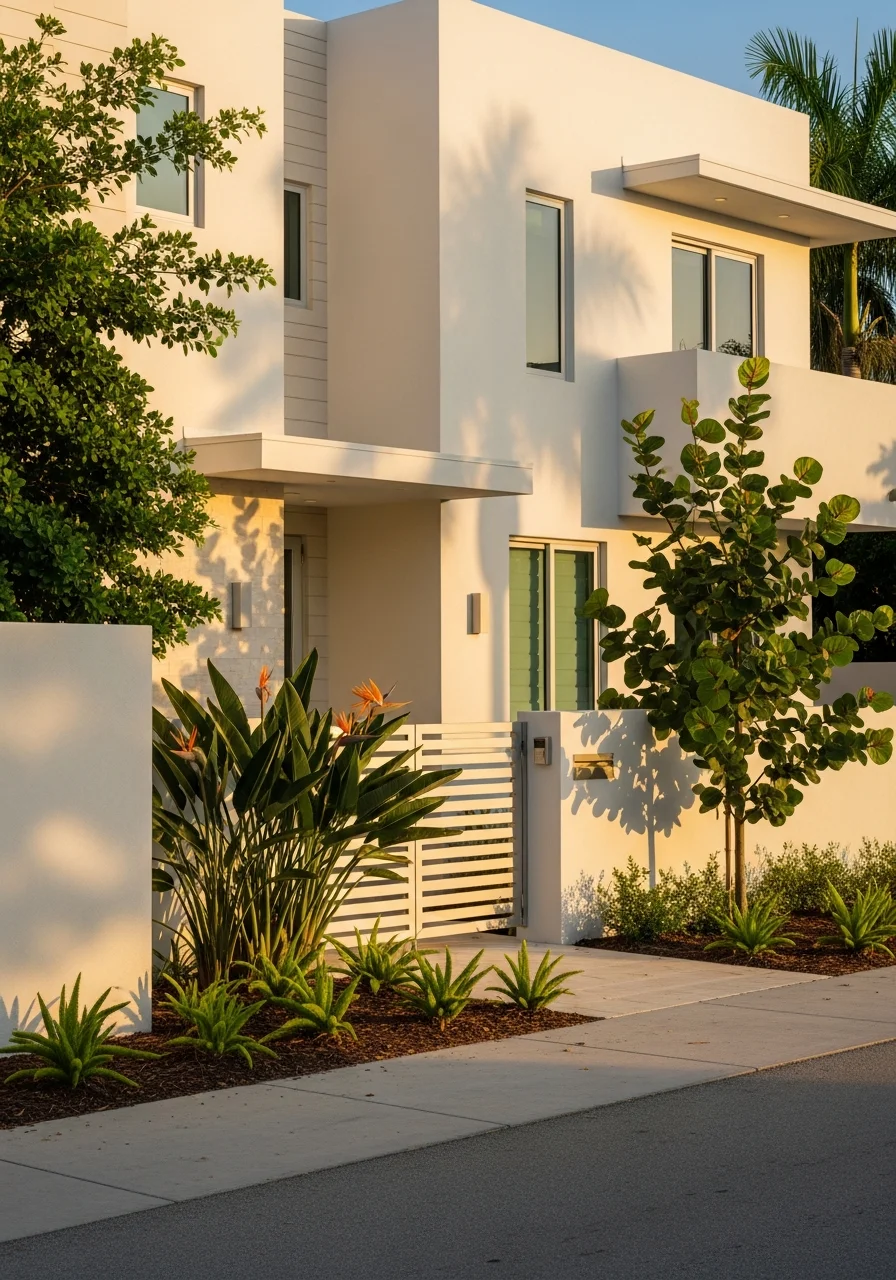 Street-level view of a Miami residential property with tropical landscaping and coastal architectural style.