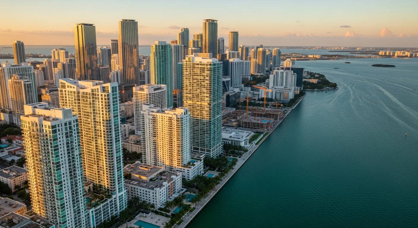 Aerial view of Miami's downtown skyline with Biscayne Bay, showing high-rise residential and commercial buildings along the waterfront.