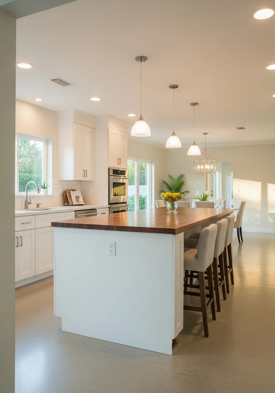Contemporary kitchen island with pendant lighting and bar seating in bright, open kitchen space