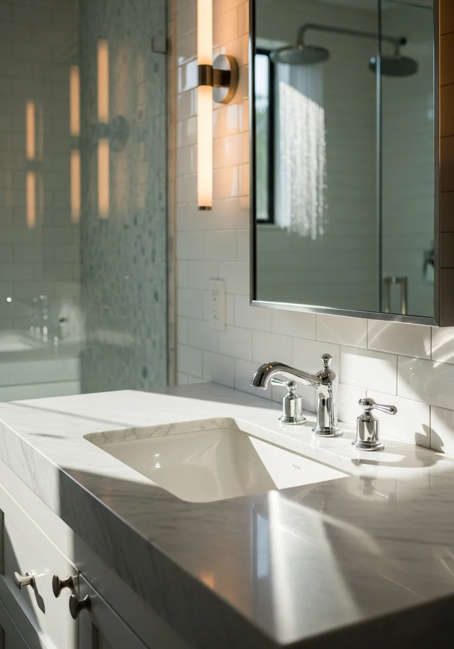 Luxury bathroom renovation with custom vanity, marble tile, rainfall shower, and contemporary fixtures