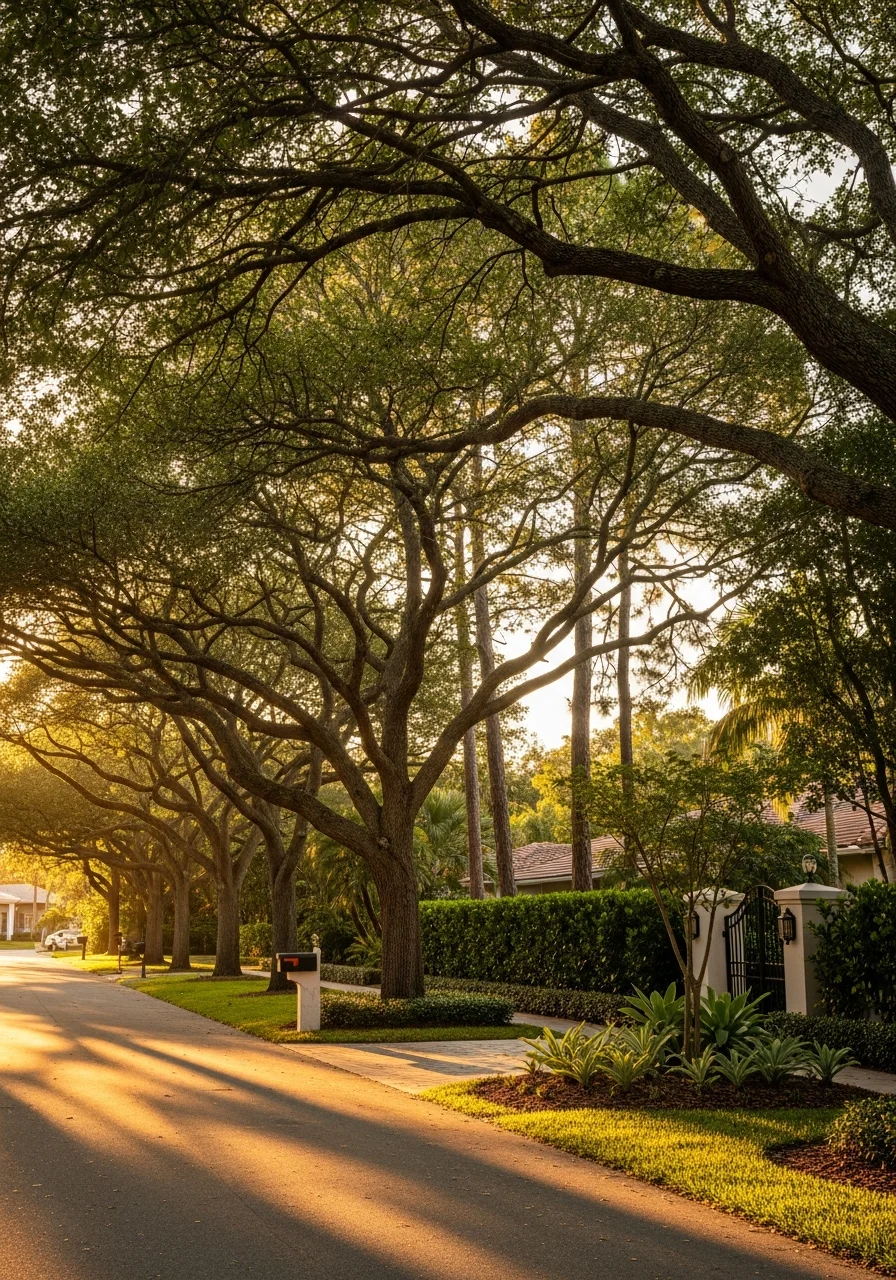 Pinecrest tree-lined neighborhood street showing established homes, mature canopy, and premium residential character.