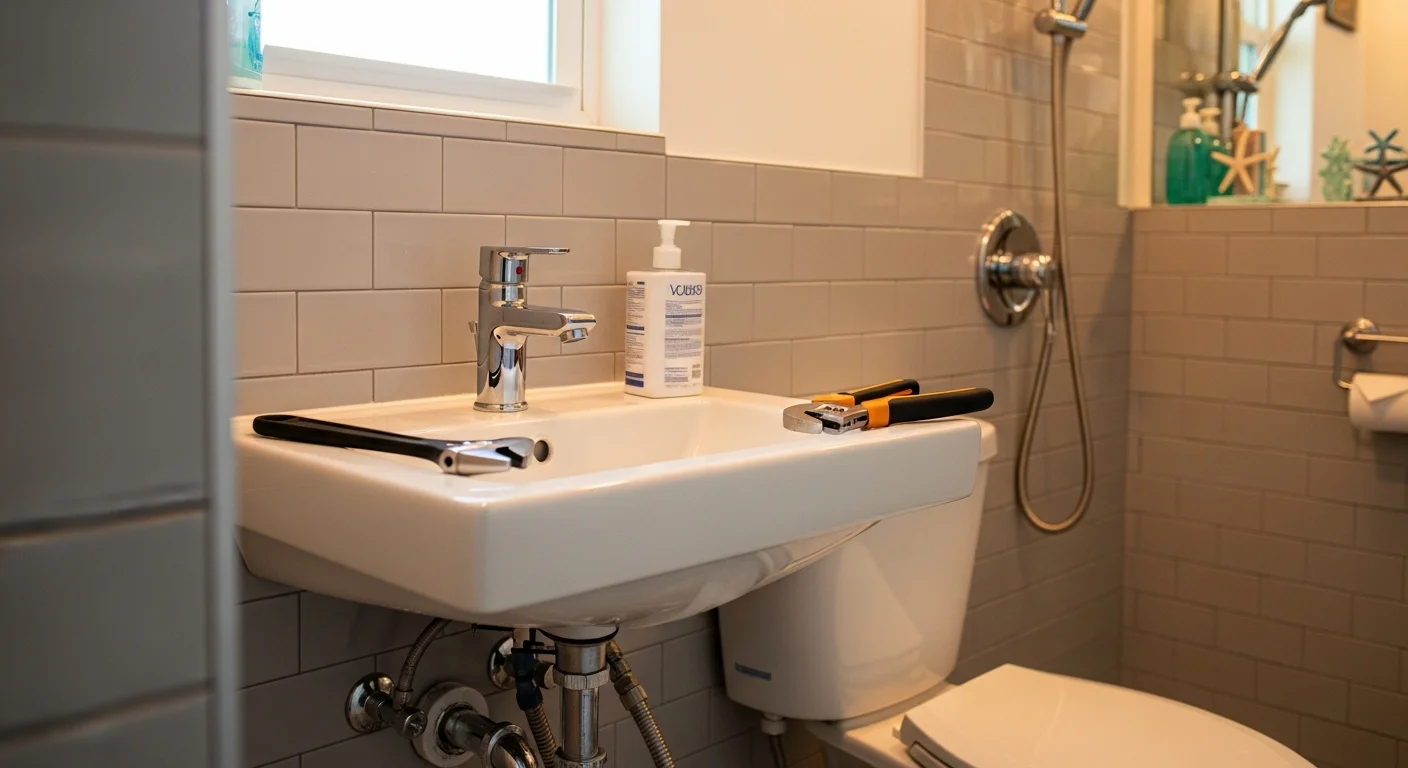 A newly installed bathroom faucet and sink fixture in a Miami home, with clean chrome hardware and sealed connections visible at the vanity base. The bathroom shows updated fixtures against tile walls suited to South Florida's humid coastal environment.