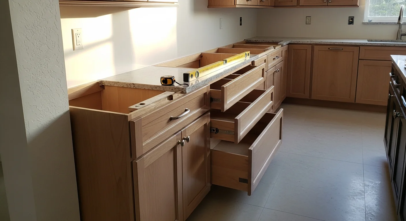 Newly installed custom kitchen cabinets in a Miami home, showing floor-to-ceiling white shaker-style upper and lower cabinets with soft-close hardware and a clean countertop line. The kitchen features a full perimeter cabinet layout with an open-concept design typical of South Florida residential remodels.