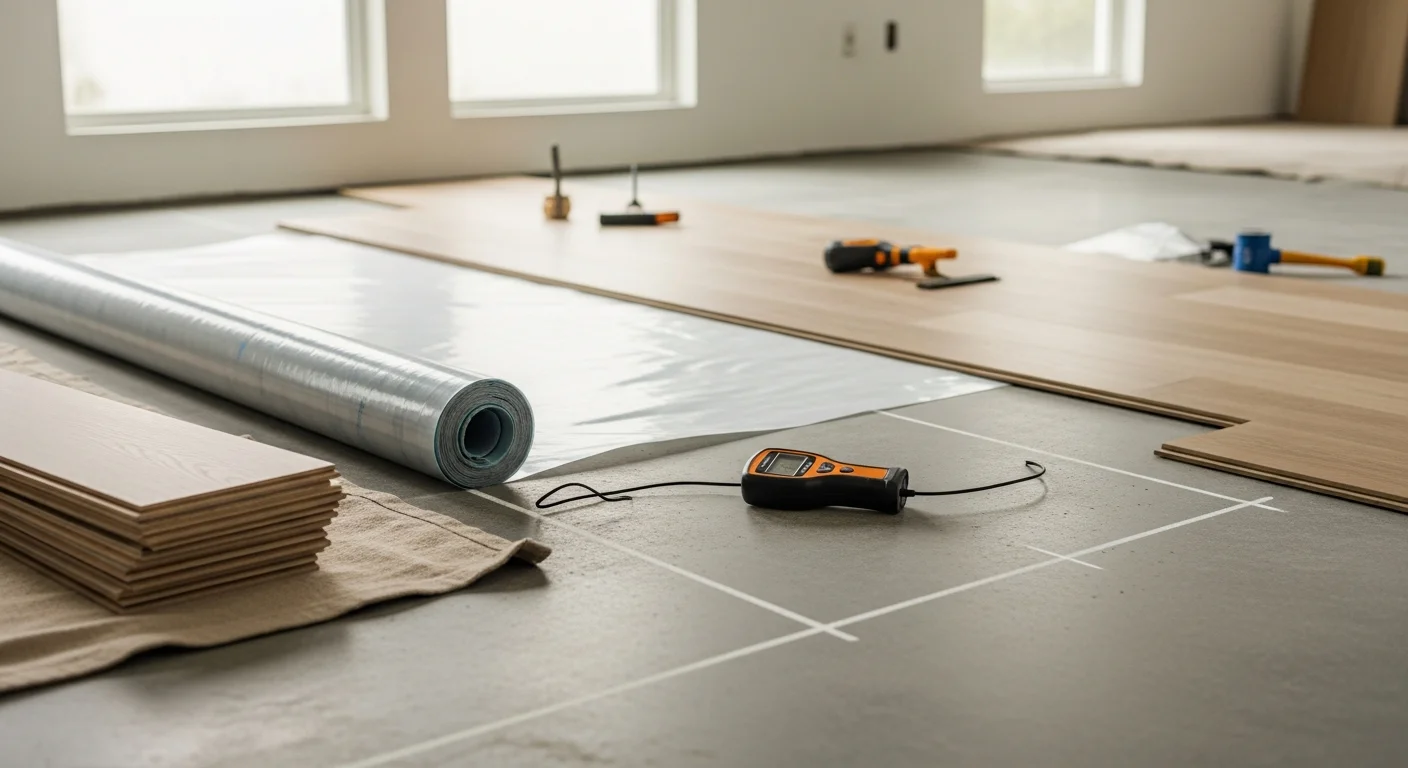 Freshly installed tile flooring in a Miami home interior, showing clean grout lines and a consistent finish across an open living and kitchen space. The floor connects the kitchen cabinetry area to the main living room in a single-story residential property.