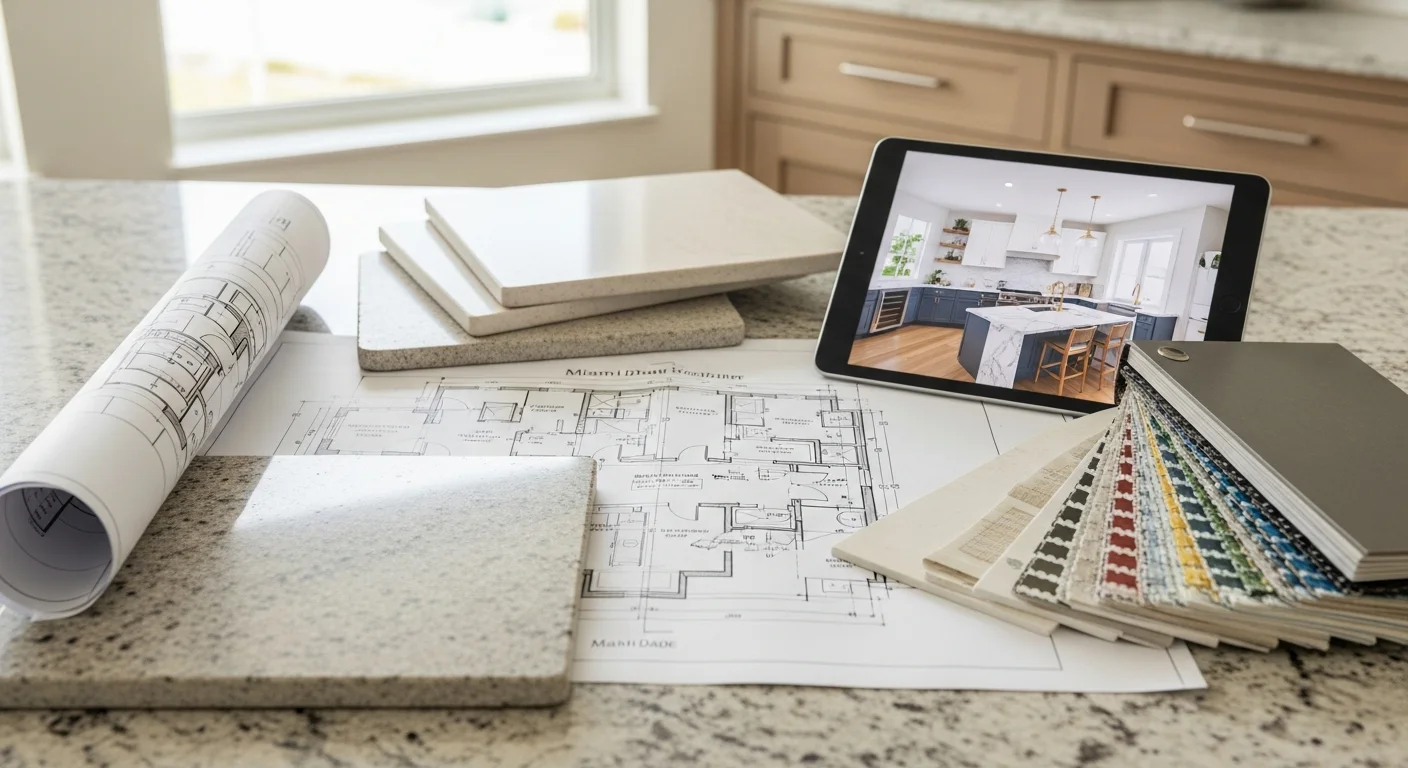 A Miami homeowner and a remodeling consultant reviewing layout plans inside a residential kitchen during a home remodeling consultation. The space shows an open floor plan with natural light typical of South Florida homes.