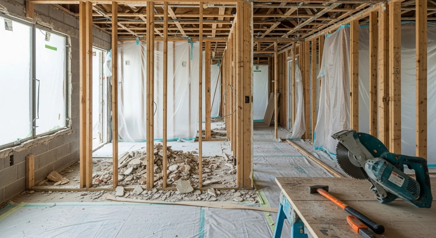 Interior demolition in progress inside a Miami home, with removed cabinetry and exposed concrete block walls ready for remodeling. A cleared kitchen space shows stripped flooring and open wall framing prepared for new construction.