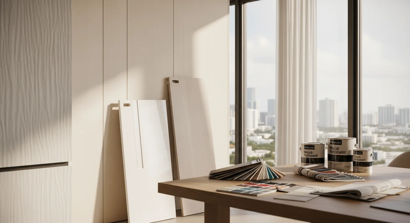 A finished Miami home interior featuring an open-plan living and dining area with light neutral tones, humidity-resistant finishes, and natural light from large windows. The space reflects a clean, functional design suited to South Florida's tropical climate.