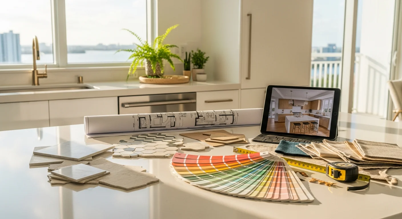 A Miami interior designer reviewing a room layout plan with a homeowner inside a bright open-plan living space. Natural light fills the room through large windows, reflecting the indoor-outdoor design approach common in South Florida homes.