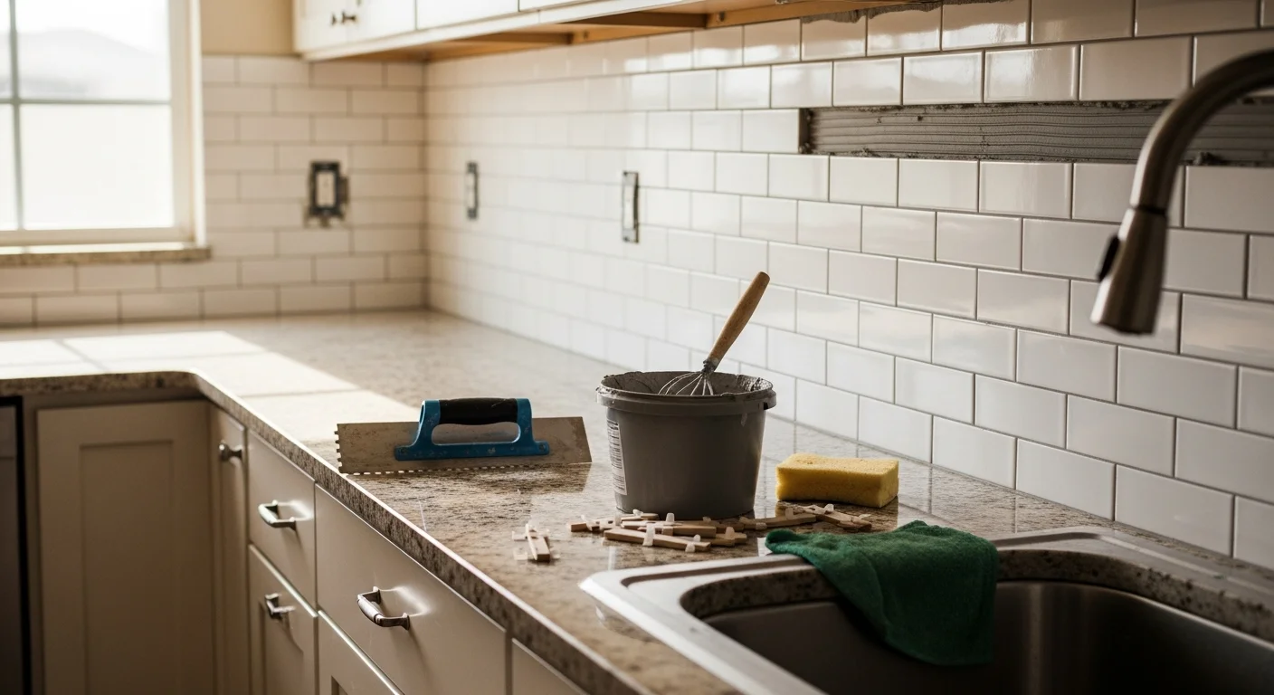 Freshly installed kitchen backsplash with clean grout lines above the countertop in a Miami home kitchen. The tile runs from the countertop edge to the upper cabinets, with even spacing and a smooth sealed finish.