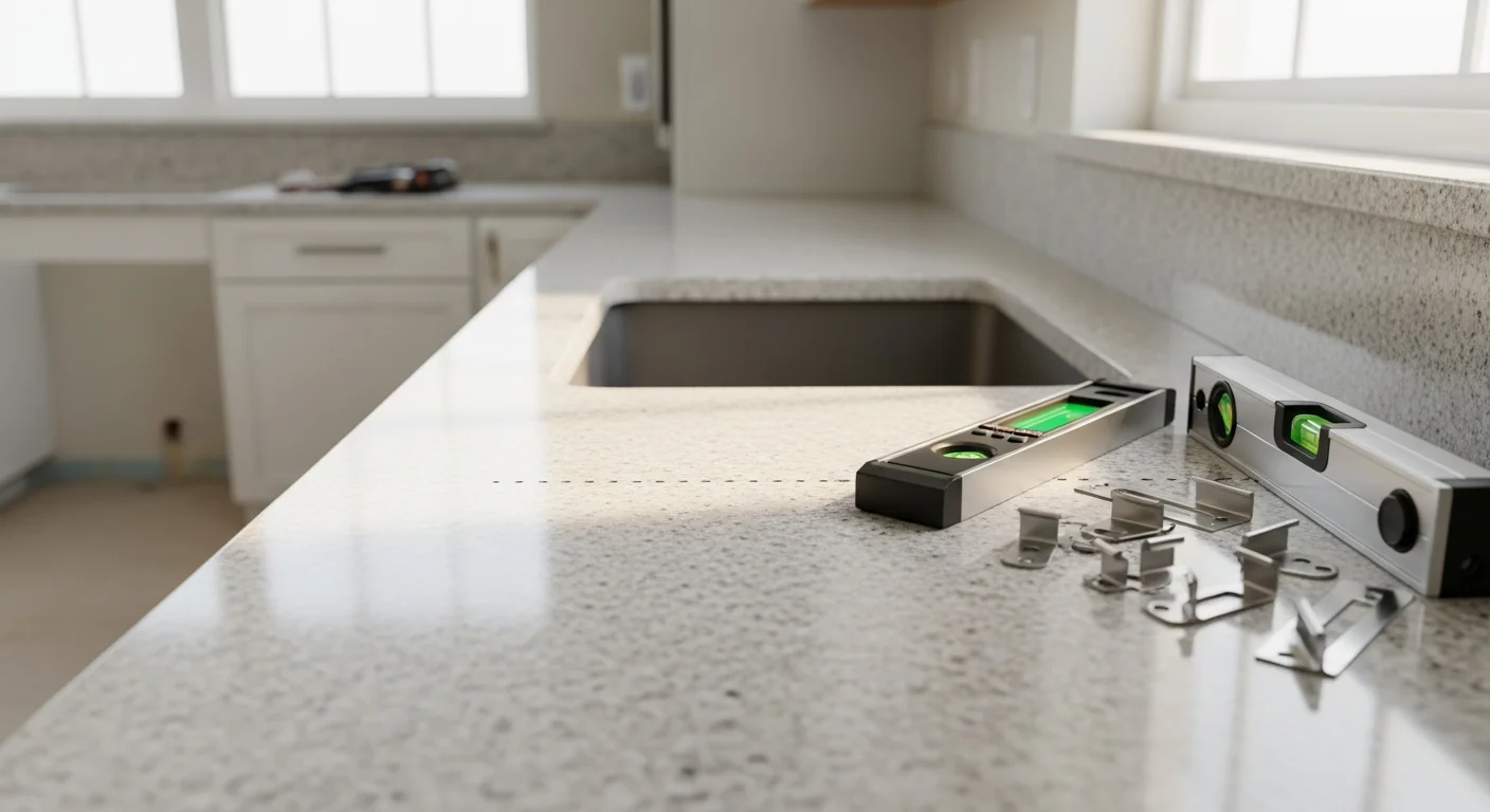 Newly installed stone countertop in a Miami kitchen with clean sink cutout, fitted seams, and natural light from a nearby window. The surface shows a smooth edge profile against white cabinetry in a residential South Florida home.