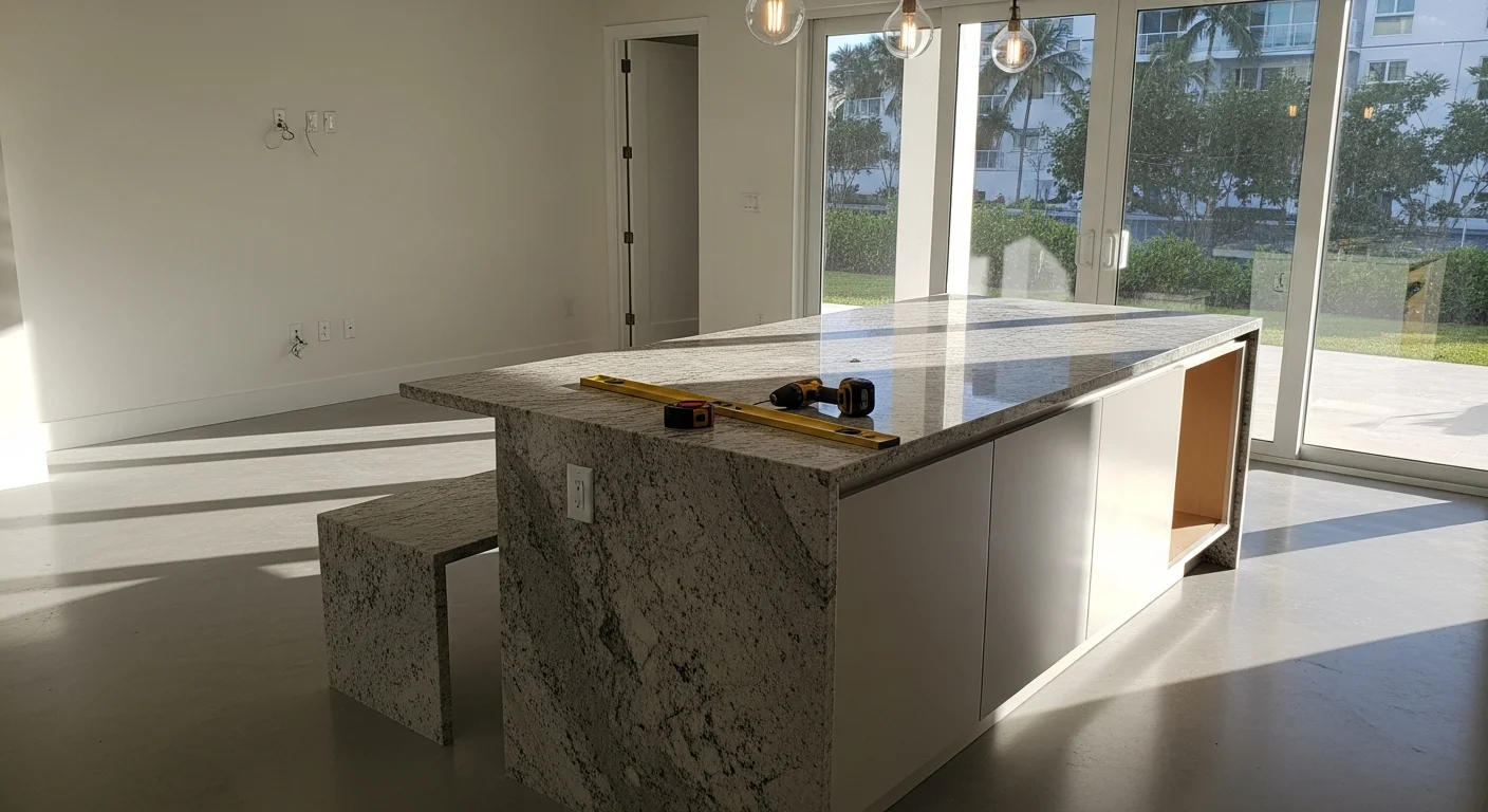A newly installed custom kitchen island with a stone countertop and built-in storage in a Miami home with an open-concept layout. The island includes bar-height seating on one side and connects visually to the adjacent living area.