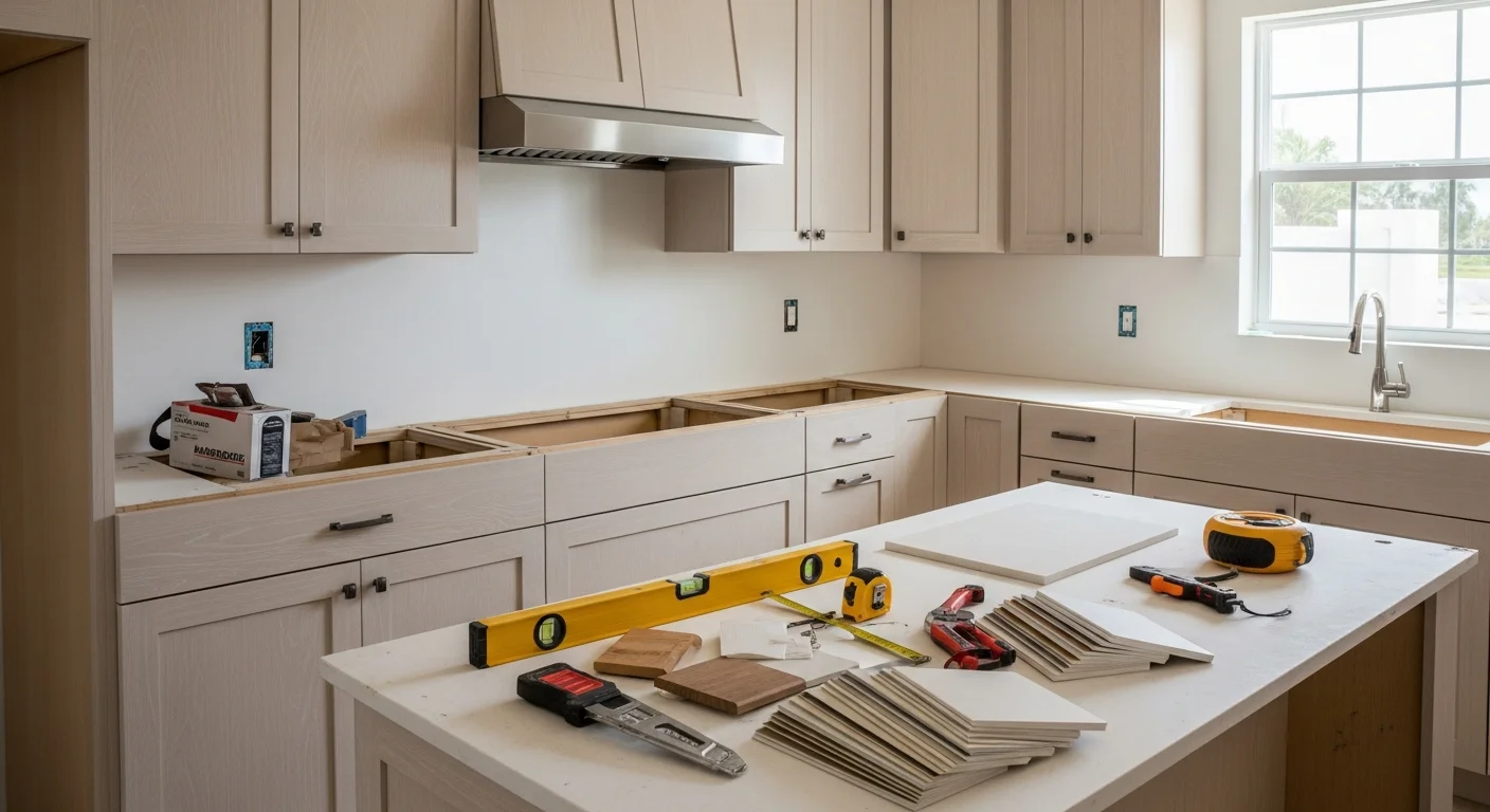 Finished kitchen remodel in a Miami home featuring custom cabinetry, stone countertops, and updated lighting. Work completed by Kitchen and Decor Center Corp serving the Miami, FL area.