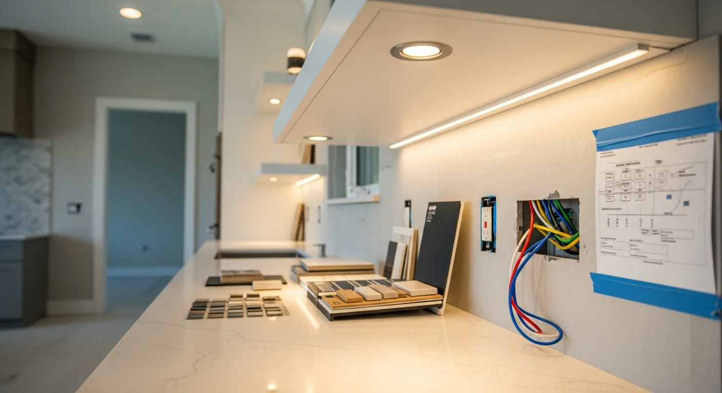 Interior of a Miami home kitchen and living area with layered recessed, pendant, and under-cabinet lighting installed by Kitchen and Decor Center Corp. Warm-toned fixtures illuminate open cabinetry and a dining space with high ceilings.