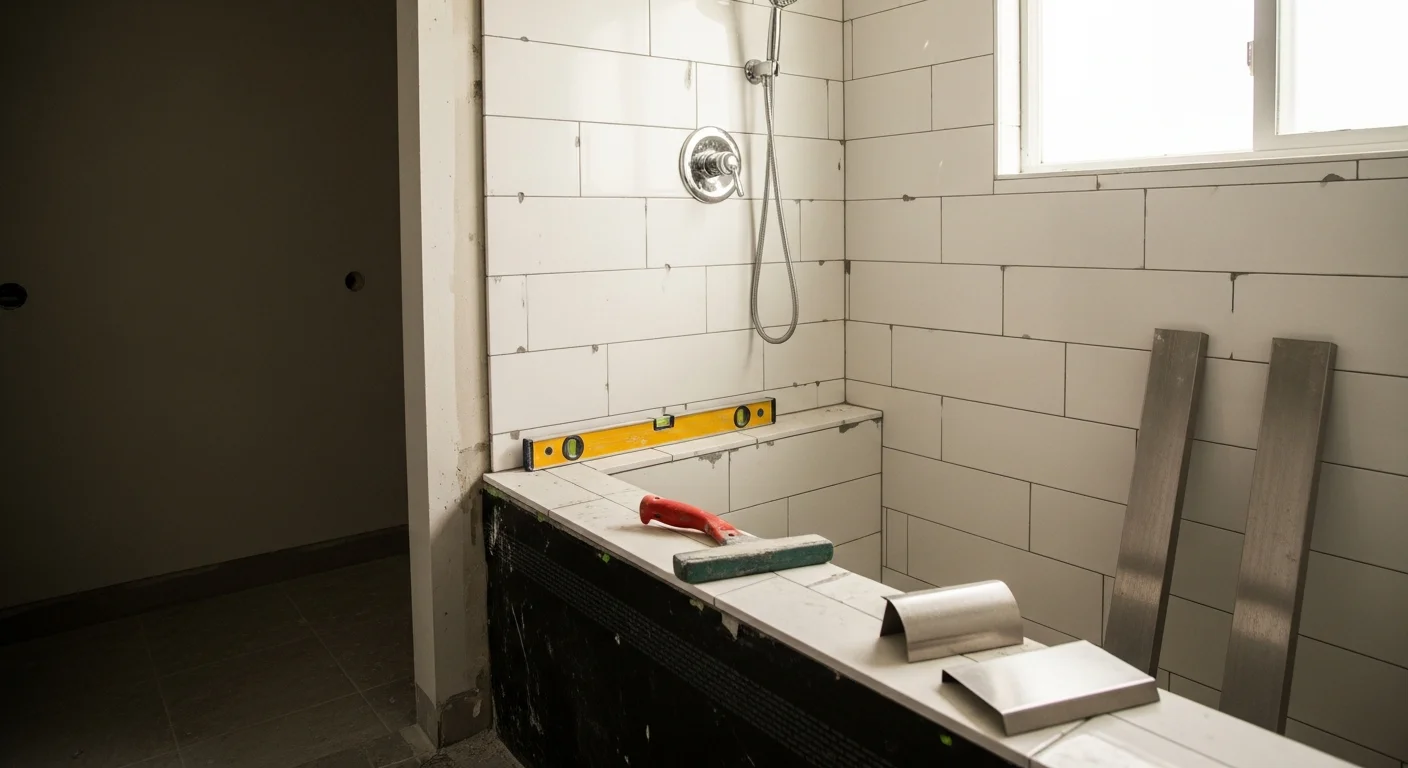 A newly installed walk-in shower in a Miami home bathroom, featuring large-format porcelain tile walls, a frameless glass enclosure, and a curbless entry. The finished space reflects a clean, modern design suited to South Florida's humid coastal climate.