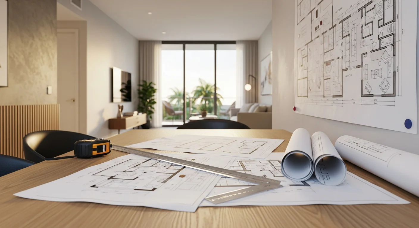 Interior designer reviewing a printed floor plan on a table inside a bright Miami condo with an open-concept living and kitchen area. The space shows clearly defined zones with measured furniture placement and natural light from floor-to-ceiling windows.