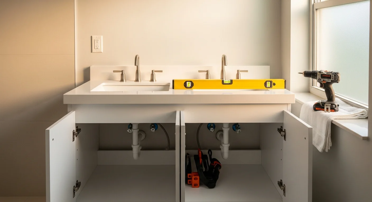 A newly installed wall-mounted bathroom vanity with a stone countertop and undermount sink inside a Miami home bathroom. The cabinet finish and hardware are selected to complement the room's coastal-modern design.